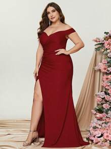 Plus Solid Off Shoulder Ruched Split Thigh Formal Dress - Red - View 6