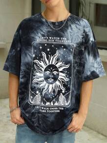 Manfinity Roghcode 男士紮染太陽&標語圖案落肩T恤 - 彩色 - 查看 5