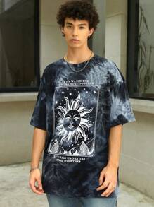 Manfinity Roghcode 男士紮染太陽&標語圖案落肩T恤 - 彩色 - 查看 3