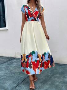 SHEIN Clasi Graphic Print Surplice Neck Dress - Apricot - View 1