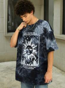 Manfinity Roghcode 男士紮染太陽&標語圖案落肩T恤 - 彩色 - 查看 4
