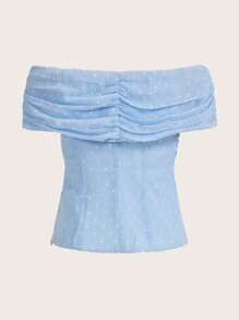GENKIRA Chấm Swiss Off Shoulder Xù Áo - Màu xanh lam - Xem 2