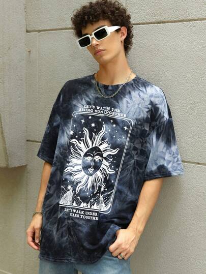 Guys Tie Dye Sun & Slogan Graphic Drop Shoulder Tee