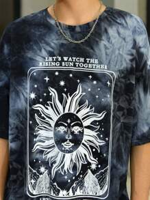 Manfinity Roghcode 男士紮染太陽&標語圖案落肩T恤 - 彩色 - 查看 6