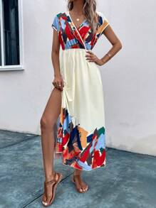 SHEIN Clasi Graphic Print Surplice Neck Dress - Apricot - View 5