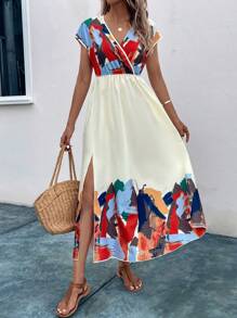 SHEIN Clasi Graphic Print Surplice Neck Dress - Apricot - View 6