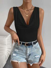 Chiquease Solid Draped Front Tank Bodysuit - Black - View 5