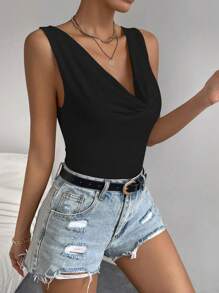 Chiquease Solid Draped Front Tank Bodysuit - Black - View 7