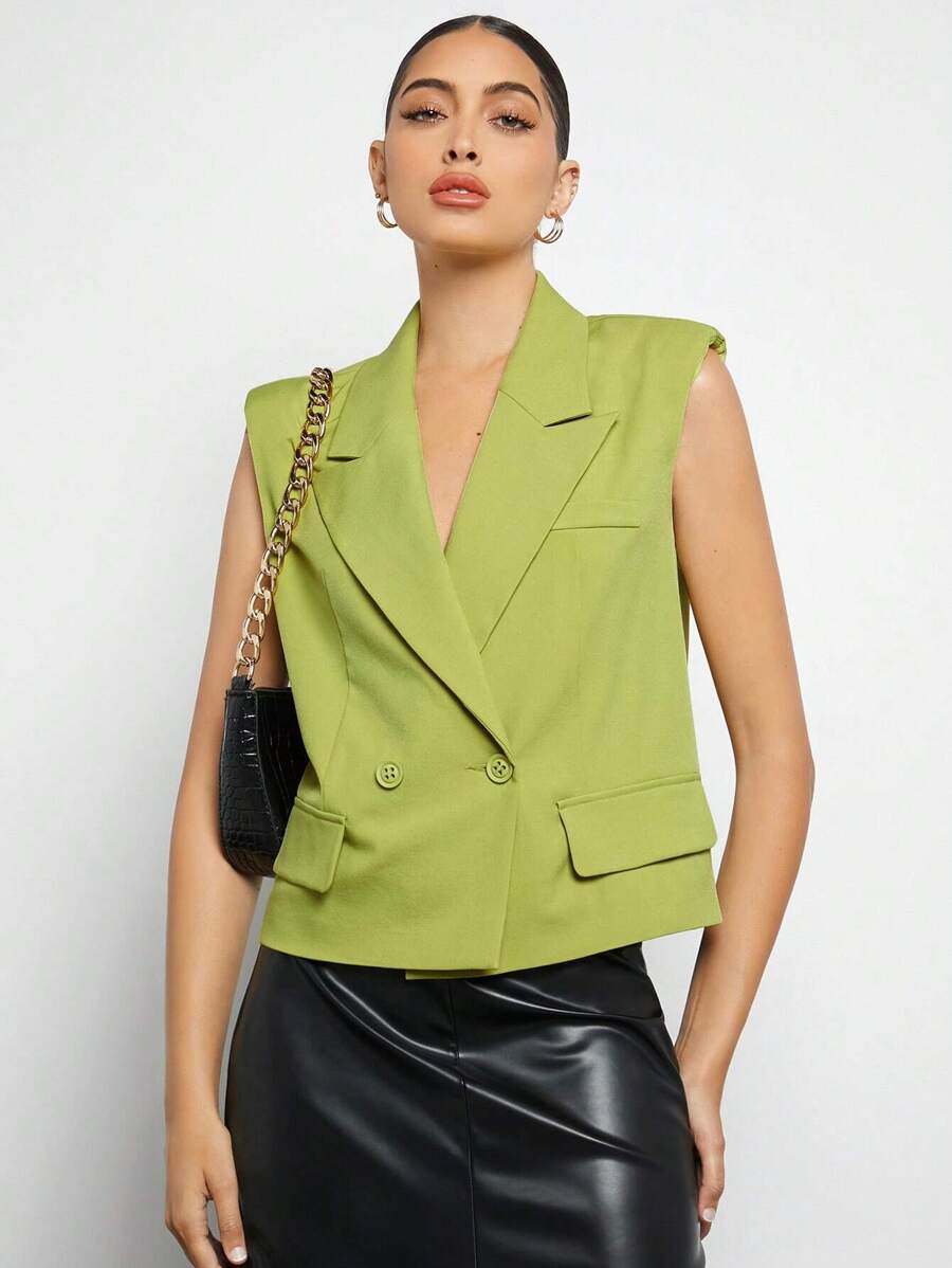 Maija Shoulder Pad Double Button Vest Blazer - Lime Green - View 1