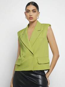 Maija Shoulder Pad Double Button Vest Blazer - Lime Green - View 4