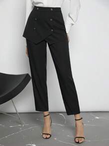 BizChic 高腰紐扣細節西裝褲 - 黑色 - 查看 1