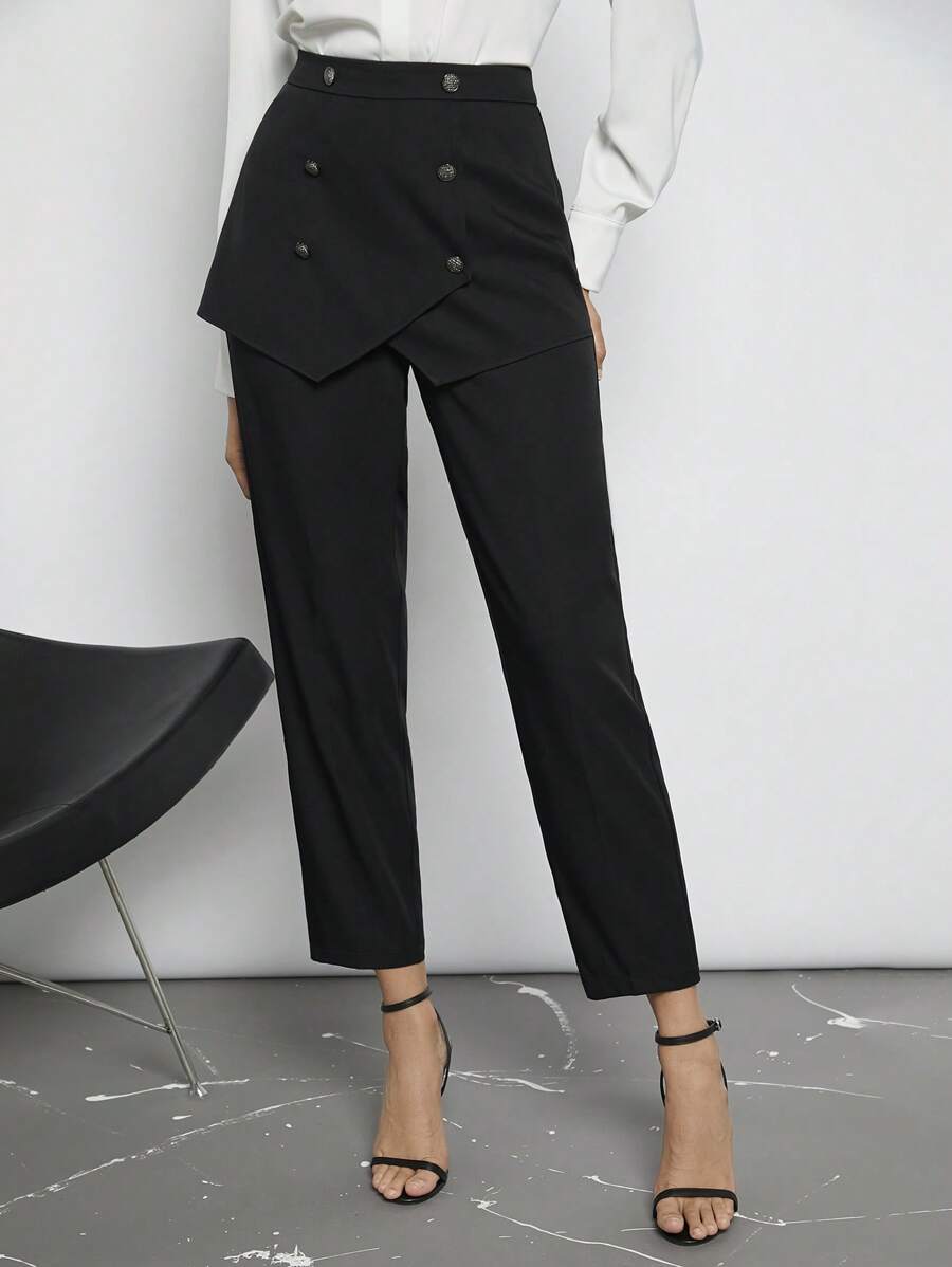 BizChic 高腰紐扣細節西裝褲 - 黑色 - 查看 1