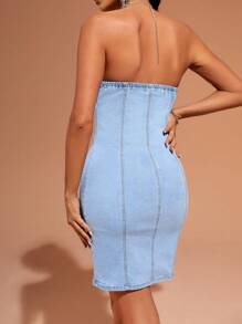 SHEIN BAE Fringe Trim Button Front Tube Denim Dress