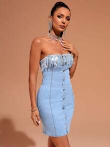SHEIN BAE Fringe Trim Button Front Tube Denim Dress