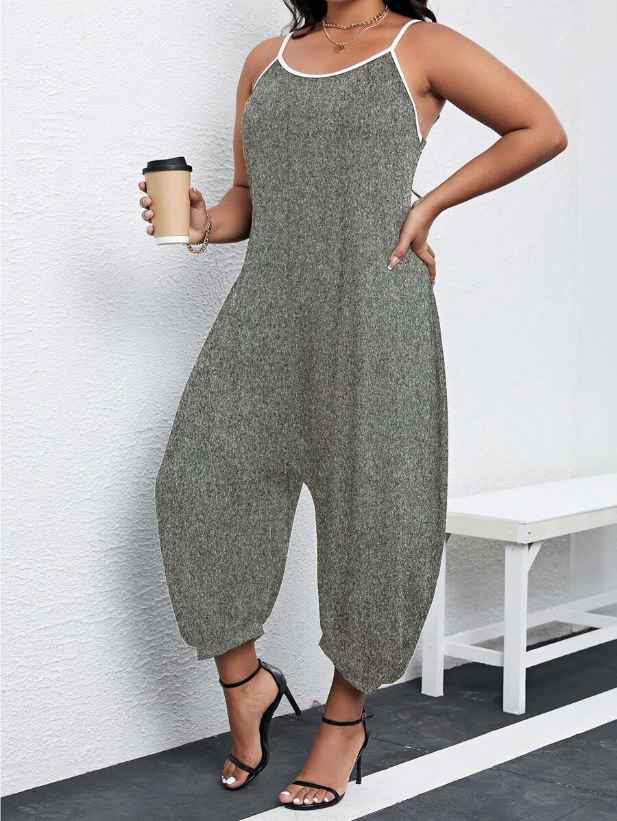 Calvaya 大碼撞色滾邊吊帶連體褲 - 深灰色 - 查看 1