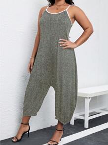 Calvaya 大碼撞色滾邊吊帶連體褲 - 深灰色 - 查看 4