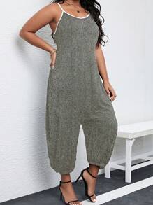 Calvaya 大碼撞色滾邊吊帶連體褲 - 深灰色 - 查看 5