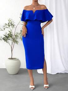 Firerie Vestido de hombros descubiertos ribete con fruncido de muslo con abertura - azul real - Ver 2