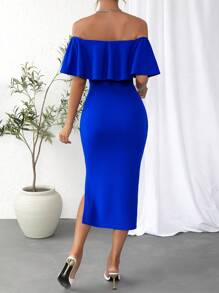 Firerie Vestido de hombros descubiertos ribete con fruncido de muslo con abertura - azul real - Ver 3