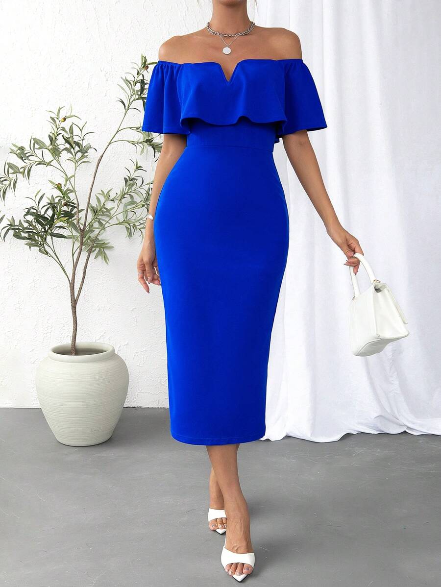 Firerie Vestido de hombros descubiertos ribete con fruncido de muslo con abertura - azul real - Ver 1