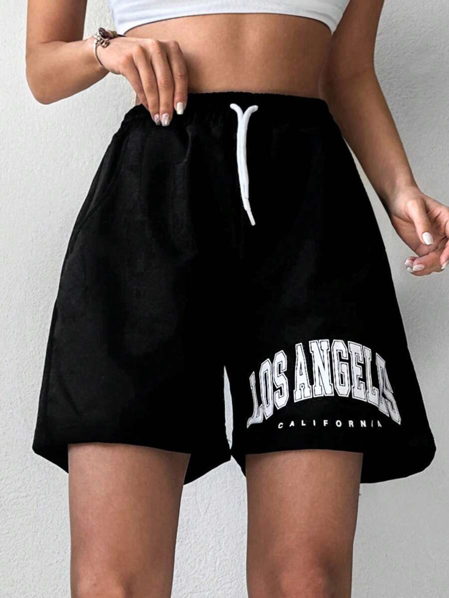 EURMUSE Letter Graphic Drawstring Waist Shorts - Black - View 1