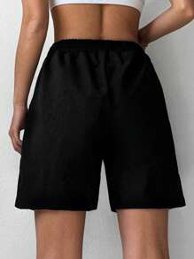 EURMUSE Letter Graphic Drawstring Waist Shorts - Black - View 2