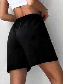 EURMUSE Letter Graphic Drawstring Waist Shorts - Black - View 3