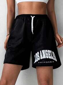 EURMUSE Letter Graphic Drawstring Waist Shorts - Black - View 4
