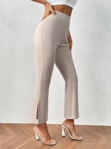 SHEIN Privé High Waist Split Hem Flare Leg Trousers - Apricot - View 2