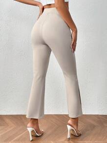 SHEIN Privé High Waist Split Hem Flare Leg Trousers - Apricot - View 4