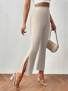 SHEIN Privé High Waist Split Hem Flare Leg Trousers - Apricot - View 3