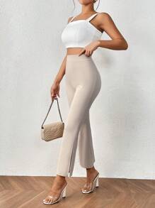 SHEIN Privé High Waist Split Hem Flare Leg Trousers - Apricot - View 6