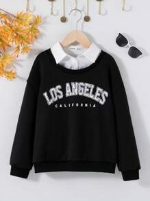 SHEIN 女大童字母圖案二合一運動衫 - 黑色 - 查看 1