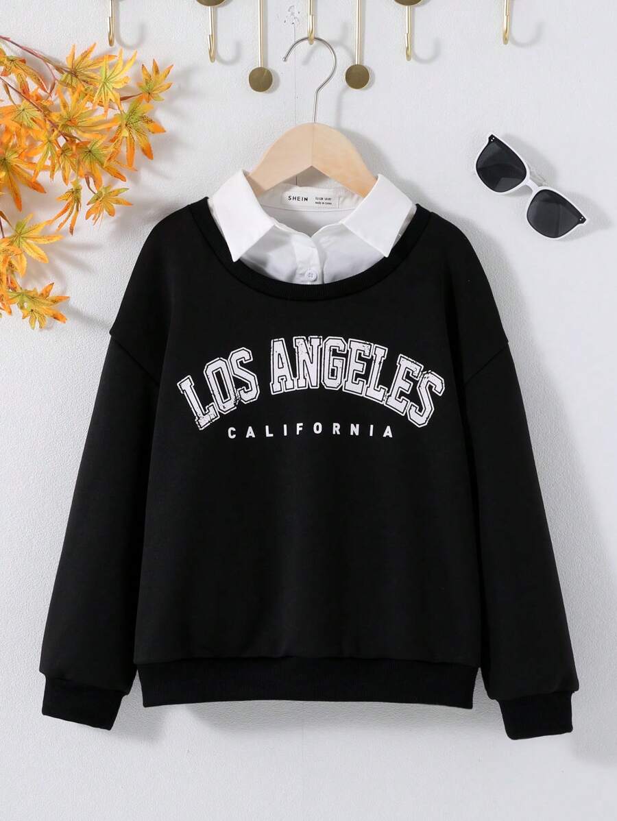 SHEIN 女大童字母圖案二合一運動衫 - 黑色 - 查看 1