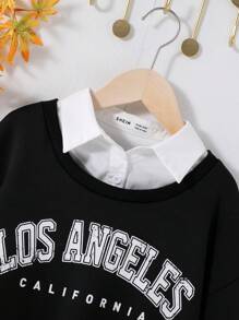 SHEIN 女大童字母圖案二合一運動衫 - 黑色 - 查看 3
