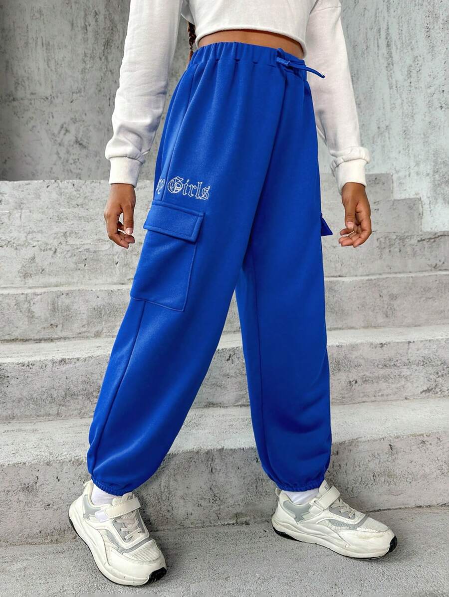 SHEIN 女大童字母圖案側翻蓋口袋腰部抽繩衛褲 - 寶藍色 - 查看 1