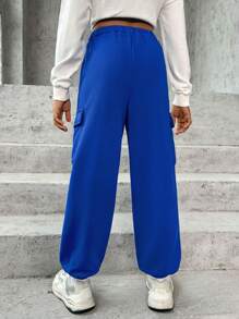 SHEIN 女大童字母圖案側翻蓋口袋腰部抽繩衛褲 - 寶藍色 - 查看 2