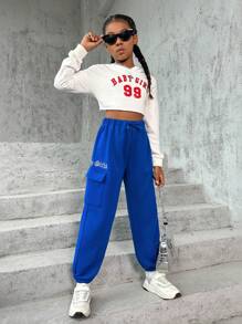 SHEIN 女大童字母圖案側翻蓋口袋腰部抽繩衛褲 - 寶藍色 - 查看 4