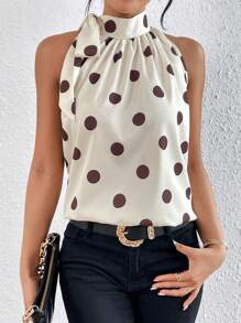 SHEIN Privé 波卡圓點繫帶領襯衫 - 白色 - 查看 3