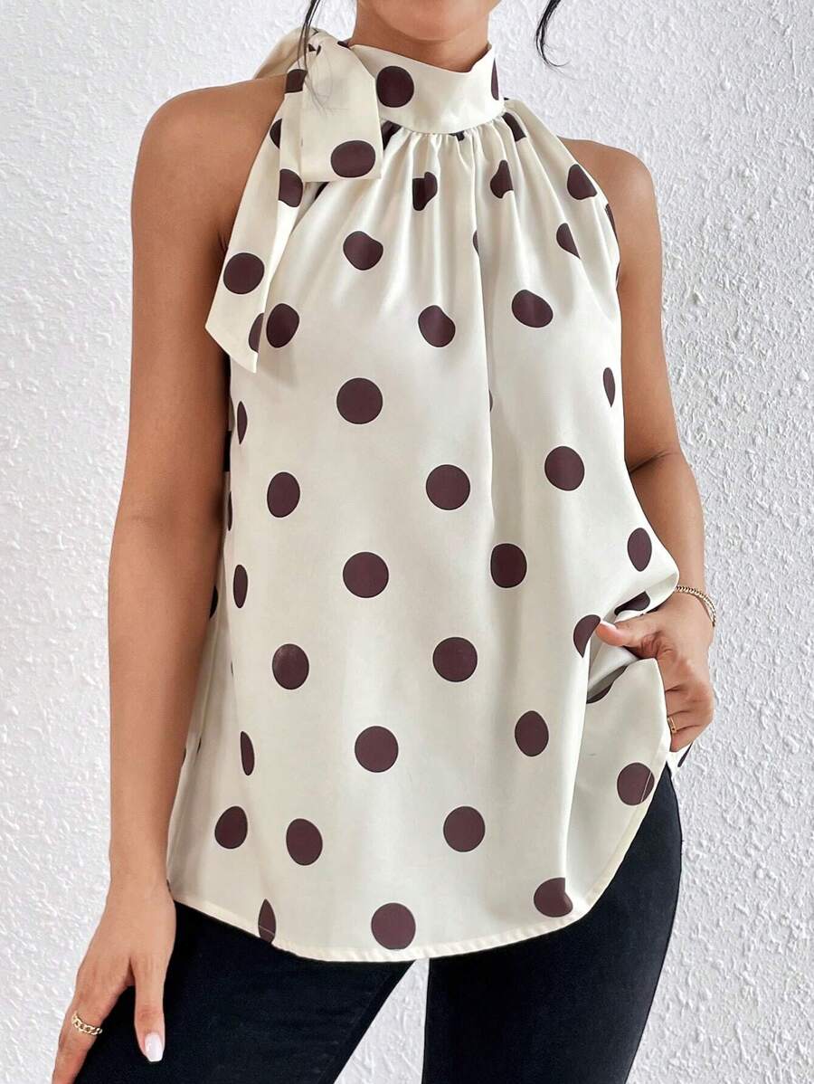 SHEIN Privé 波卡圓點繫帶領襯衫 - 白色 - 查看 1