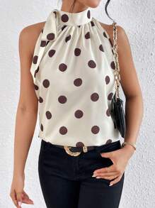 SHEIN Privé 波卡圓點繫帶領襯衫 - 白色 - 查看 5