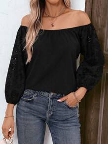 Chiquease Off Shoulder Eyelet Embroidery Lantern Sleeve Blouse - Black - View 3