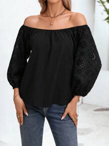 Chiquease Off Shoulder Eyelet Embroidery Lantern Sleeve Blouse - Black - View 4