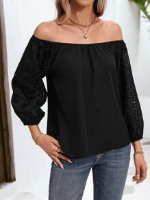 Chiquease Off Shoulder Eyelet Embroidery Lantern Sleeve Blouse - Black - View 6