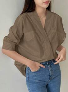 Dazy-Less Eenvoudig ontwerp effen kleur dames blouse met korte mouwen, zakelijke casual stijl oude geld stijl