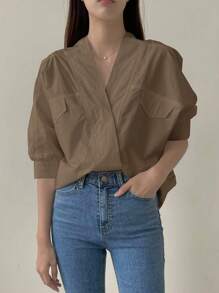 Dazy-Less Eenvoudig ontwerp effen kleur dames blouse met korte mouwen, zakelijke casual stijl oude geld stijl