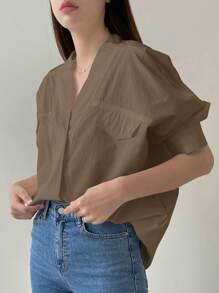Dazy-Less Eenvoudig ontwerp effen kleur dames blouse met korte mouwen, zakelijke casual stijl oude geld stijl