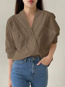 Dazy-Less Eenvoudig ontwerp effen kleur dames blouse met korte mouwen, zakelijke casual stijl oude geld stijl