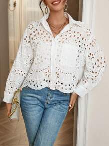 SHEIN Frenchy 網眼刺繡貝殼邊落肩袖襯衫 - 白色 - 查看 1