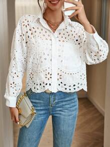 SHEIN Frenchy 網眼刺繡貝殼邊落肩袖襯衫 - 白色 - 查看 4